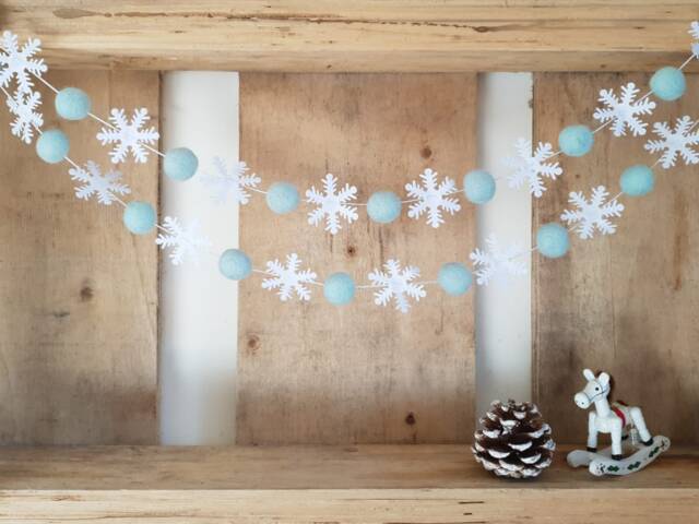 White Mint Christmas Garland, Nordic Ornament, Scandi Christmas 2021 Christmas, Snowflake Garland, Snowy Banner - image 1