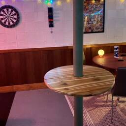 Basement Bar Pole Table Tray, Drink Shelf Wrap. Adjustable, Free Standing, Cedar - thumbnail 2