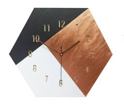 Hexagon Wood Wall Clock Copper, Black & White - Silent Clock