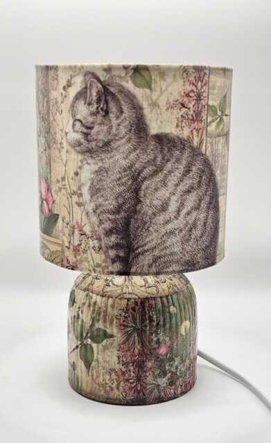 Cat With Flowers Handcrafted Decoupage Table Lamp Home Decor - image 1