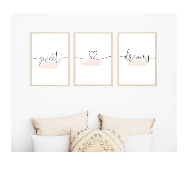 Pink Bedroom Wall Art, Sweet Dream Prints, Blush Decor, Art Posters, Heart Set Of 3 Pictures - image 1