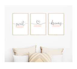 Pink Bedroom Wall Art, Sweet Dream Prints, Blush Decor, Art Posters, Heart Set Of 3 Pictures - thumbnail 1