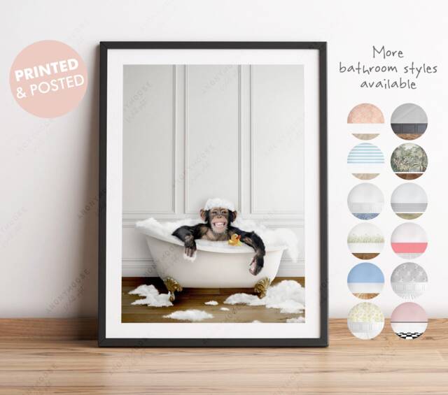 Chimpanzee in A Bath Print, Monkey Bathing, Funny Bathroom Animal Bathtub, Chimp Tub, Monkey Bath - image 1