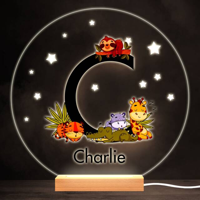 Sleeping Baby Safari Animals Letter C Round Personalised Gift Lamp Night Light - Bedroom - image 1