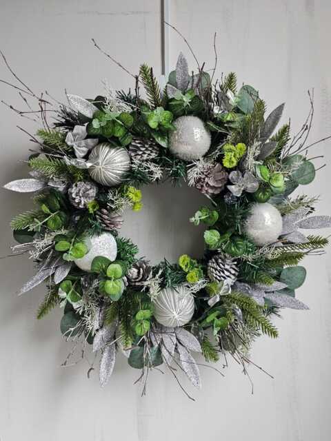 Large Frosted Winter Wreath, Christmas Wreath Silver Artificial Wreath, Pinecones Glitter Christmas Bauble Wreath, Festive Front Door Display - image 1