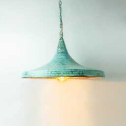 Verdigris Copper Pendant Light - Hammered Patina Kitchen Lamp Boho Ceiling Fixture Moroccan Style - thumbnail 1