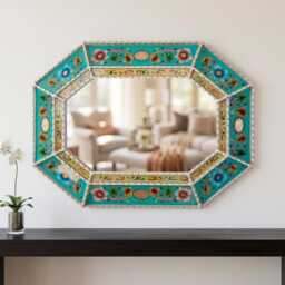 Large Turquoise Wall Mirror Octagonal - Peruvian Painted Glass Floral Art Spring Home Refresh Luxury Mothers Day Gift - Usa No Duties - thumbnail 2