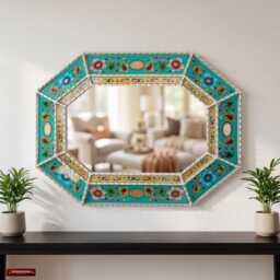 Large Turquoise Wall Mirror Octagonal - Peruvian Painted Glass Floral Art Spring Home Refresh Luxury Mothers Day Gift - Usa No Duties - thumbnail 1