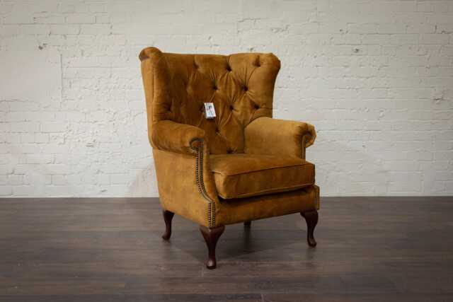 British Handmade Mustard Velvet High Round Back Wing Chair - image 1