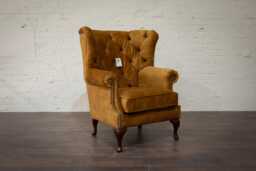 British Handmade Mustard Velvet High Round Back Wing Chair