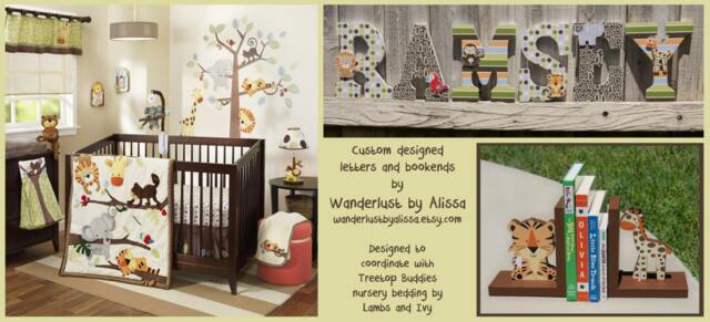 Treetop Buddies Bookends, Jungle Themed Custom Wooden Bookends - Tiger, Giraffe, Brown, Orange, Tan, Lambs & Ivy, Buddies - image 1