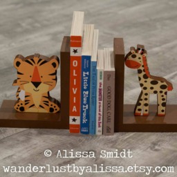 Treetop Buddies Bookends, Jungle Themed Custom Wooden Bookends - Tiger, Giraffe, Brown, Orange, Tan, Lambs & Ivy, Buddies - thumbnail 2