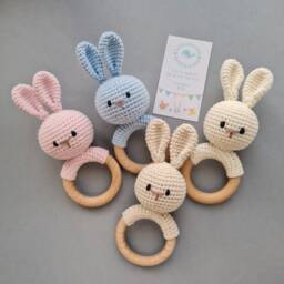 Bunny Rattle Nursery First Toy, Expecting Mum Gift, Newborn Baby Neutral Toy - thumbnail 2