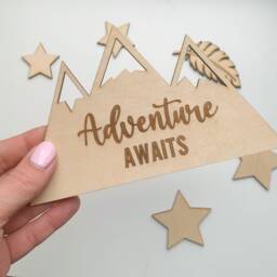 Adventure Awaits, Wall Decor, Decal, Mountains Art, Wooden Awaits Quote, Scandi Nursery Decor - thumbnail 2
