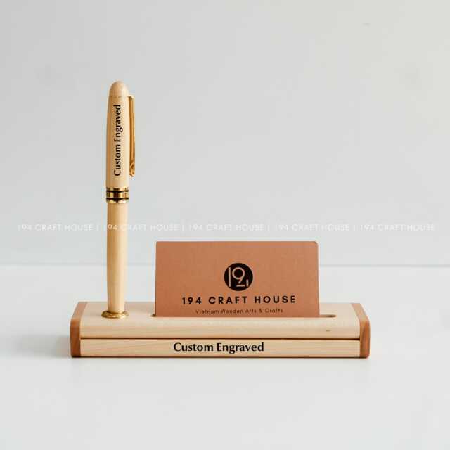 Custom Engraved Wooden Pen Case With Business Card Holder Personalized Desk Organizer Office Gifts For Him, Dad, Coworker, Corporate - image 1