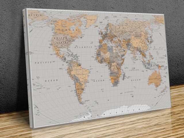 World Map High-Resolution Detailed Wall Art, Sepia, Hangings, Home Decor, Mounted Canvas Print Ready To Hang - image 1