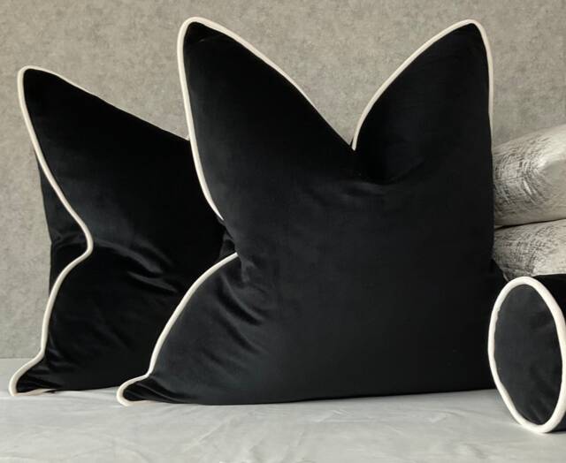 Black & White Cotton Velvet Piped Cushion Cover - Double Sided Luxury Monochrome Home Interior Instagram Choice Pillow - image 1