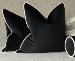 Black & White Cotton Velvet Piped Cushion Cover - Double Sided Luxury Monochrome Home Interior Instagram Choice Pillow - thumbnail 1