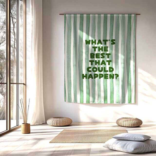 What's The Best That Could Happen Tapestry, Positive Quote Wall Art, Green Watercolor Striped Boho Decor, Retro Room Aesthetic Gift - image 1