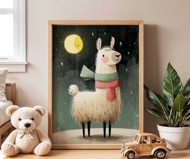 Cute Llama Nursery Poster, Night Sky Animal Wall Art, Baby Room Decor, Kids Bedroom Print, Playroom Moon & Stars Artwork - image 1