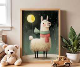 Cute Llama Nursery Poster, Night Sky Animal Wall Art, Baby Room Decor, Kids Bedroom Print, Playroom Moon & Stars Artwork - thumbnail 1