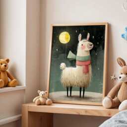 Cute Llama Nursery Poster, Night Sky Animal Wall Art, Baby Room Decor, Kids Bedroom Print, Playroom Moon & Stars Artwork - thumbnail 3