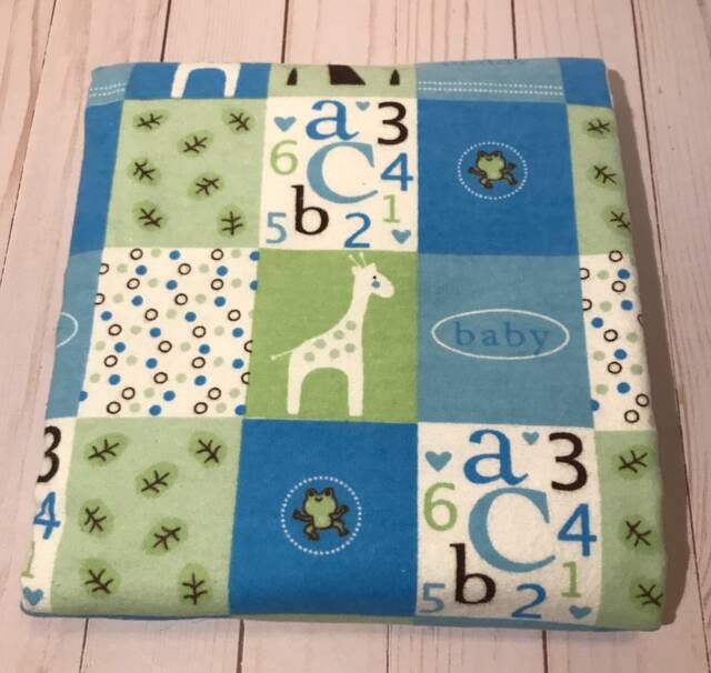 Reversible Baby Blanket, Flannel Giraffe Blue & Green Multi Colored Boy Blanket - image 1