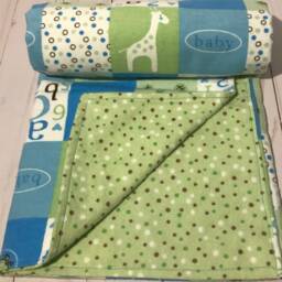Reversible Baby Blanket, Flannel Giraffe Blue & Green Multi Colored Boy Blanket - thumbnail 3