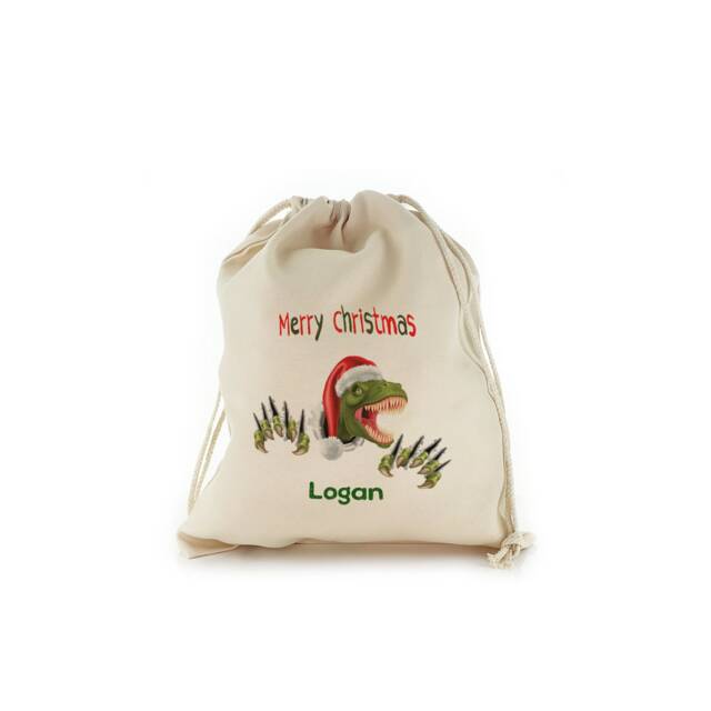 Personalized Christmas Gift Sack, T-Rex Dinosaur Drawstring Bag - image 1
