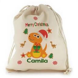 Personalized Christmas Gift Sack, T-Rex Dinosaur Drawstring Bag - thumbnail 3