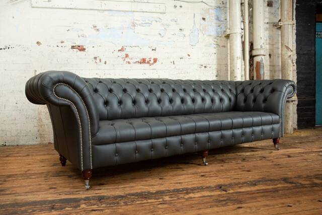 4 Seater Grey Steel Leather Chesterfield Sofa, British Handmade - image 1