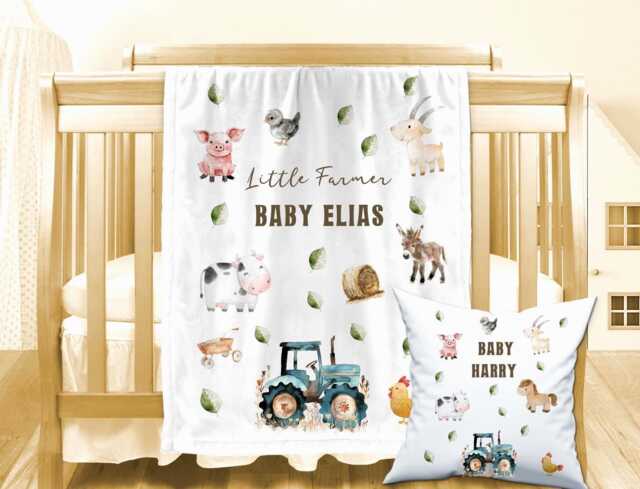 Personalised Farm Animals Baby Blanket, Custom Red Barn Minky Comforter, Soft Nursery Cushion - image 1