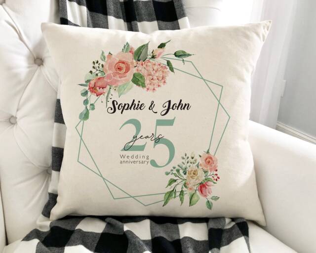 Personalised Wedding Anniversary Gift/Couple Floral Design Cushion Cover Mr & Mrs 1st, 10Th 25Th, 30Th, 40Th, 50Th Anniversary - image 1