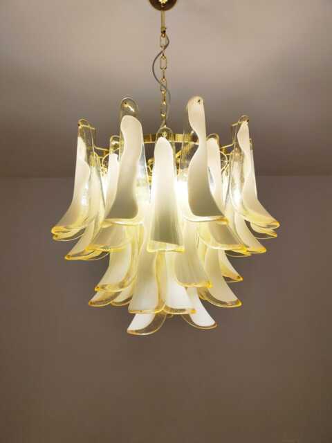 Murano Glass Chandelier in Light Amber Feathers & Polished Brass Metal Finish - image 1