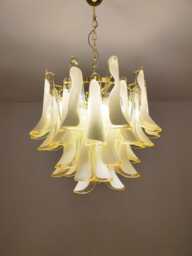 Murano Glass Chandelier in Light Amber Feathers & Polished Brass Metal Finish - thumbnail 1
