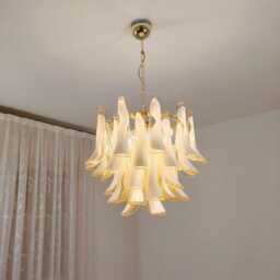Murano Glass Chandelier in Light Amber Feathers & Polished Brass Metal Finish - thumbnail 3