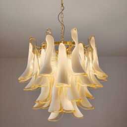 Murano Glass Chandelier in Light Amber Feathers & Polished Brass Metal Finish - thumbnail 2