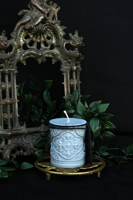Witchy Grey Baroque Candle, Haunted House Pillar Ornate Gothic Church Vegan Witches Ritual Amber & Sandalwood - image 1