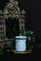 Witchy Grey Baroque Candle, Haunted House Pillar Ornate Gothic Church Vegan Witches Ritual Amber & Sandalwood - thumbnail 1
