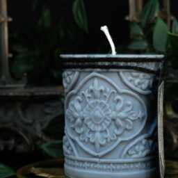 Witchy Grey Baroque Candle, Haunted House Pillar Ornate Gothic Church Vegan Witches Ritual Amber & Sandalwood - thumbnail 3