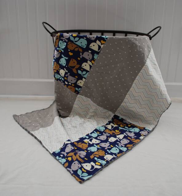Whale Baby Blanket - Gray, Beige, & Blue, Nursery, Nautical Gender Neutral, Unisex, Patchwork Style, Shower Gift - image 1
