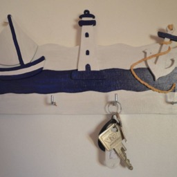 Key Ring/Decorative Wooden Painting Seaside Decoration Boat Lighthouse Anchor - thumbnail 3