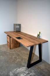 Reclaimed Wood Office Desk With Black Trapezium Legs, Customisable