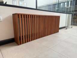 Custom Wood Radiator Heater Cover With Shelf & Cat Seat - Vertical Slats