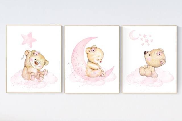 Teddy Bear Nursery Print Girl Room Decor, Pink Moon & Stars - image 1