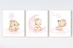 Teddy Bear Nursery Print Girl Room Decor, Pink Moon & Stars - thumbnail 1