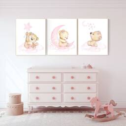 Teddy Bear Nursery Print Girl Room Decor, Pink Moon & Stars - thumbnail 2