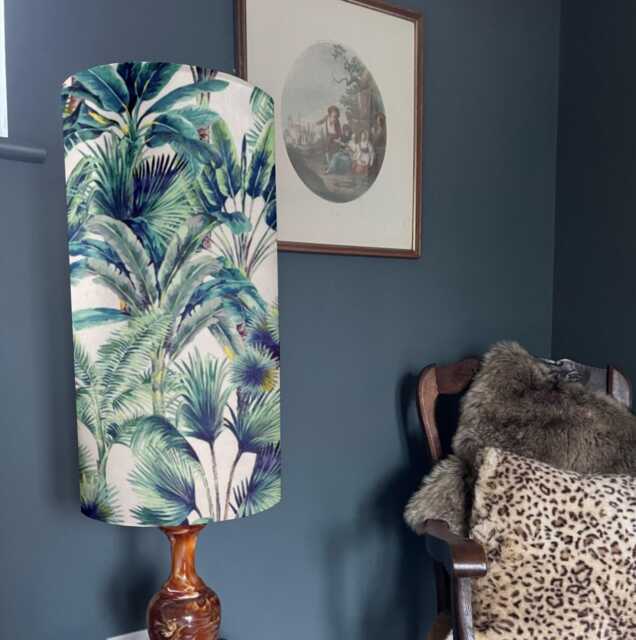 Palm Trees Velvet Cylinder Lampshade, Extra Tall Lampshade Tropical Palm Leaves Velvet - image 1