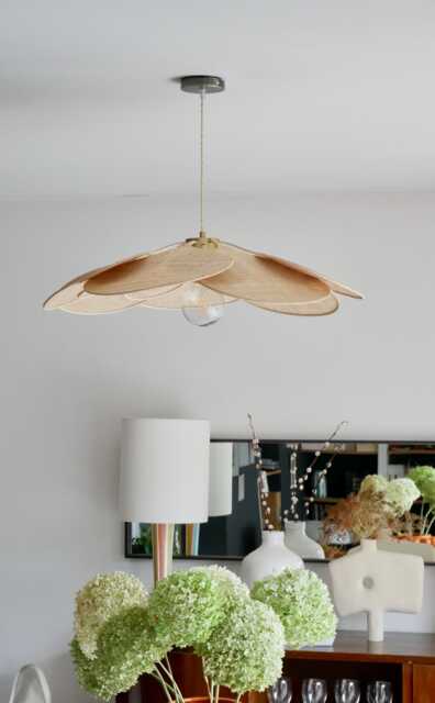 Flower Pendant Light in Linen, Rattan & Wood - Handmade Floral Ceiling Lamp Japandi Wabi Sabi Lighting Organic Modern Decor - image 1