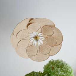Flower Pendant Light in Linen, Rattan & Wood - Handmade Floral Ceiling Lamp Japandi Wabi Sabi Lighting Organic Modern Decor - thumbnail 2